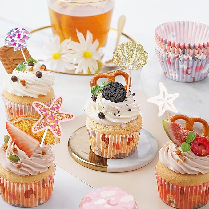 36 pcs Glitter Mermaid Cupcake Toppers Mermaid Cake Topper Under the Sea Beach Mermaids Tail Cake Decoration Birthday Party Supplies for Baby Shower Children's Day