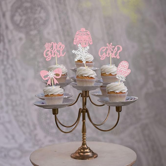 24Pcs Snowflake It's a Girl Cupcake Toppers Glitter Gloves Sweater Winter Frozen Cupcake Picks Wonderland Girls Birthday Baby Shower Cake Decorations Party Supplies Pink