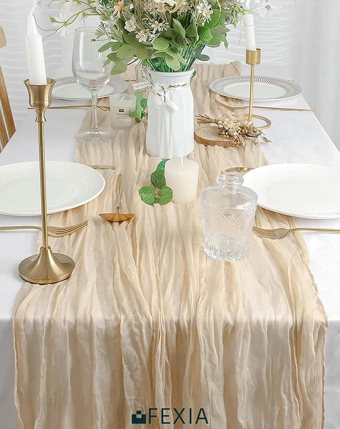 FEXIA 12 Pack Beige Table Runner 35x120 Inches for Baby Shower Decoration Gauze Rustic Table Runner for Wedding Party First Communion Centerpiece Engagement Bridal Shower Boho Decoration