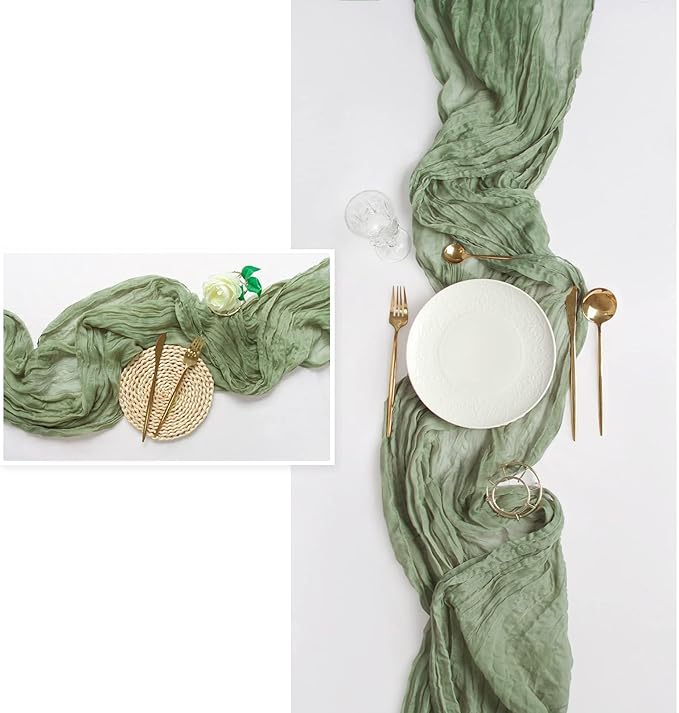 FEXIA 6 Pack Sage Green Table Runner 35x120 Inches for Baby Shower Decoration Gauze Rustic Table Runner for St. Patrick's Day Easter Wedding Party Centerpiece Engagement Bridal Shower Boho Decoration