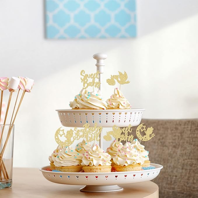 24Pcs Babyshower Girl Cupcake Toppers Glitter Moon Star Sweet Baby Gender Reveal Cupcake Picks Baby Shower Kids Girls Birthday Party Cake Decorations Supplies Gold