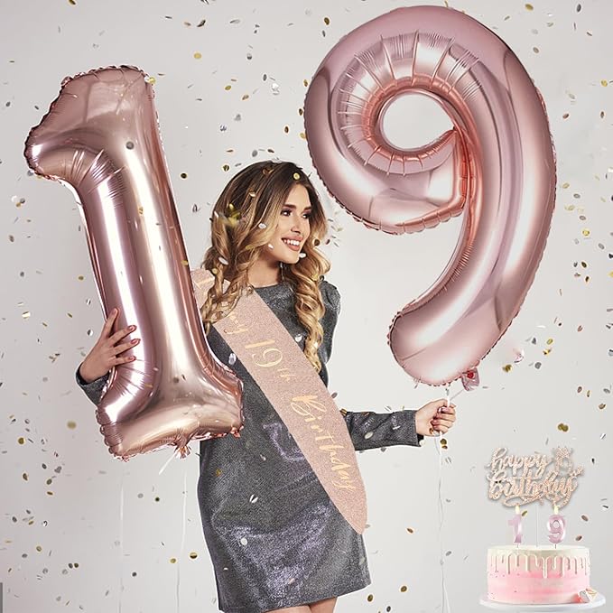 19th Birthday Decorations for Girl, 19th Birthday Sash and Crown, Cake Topper, Number Candles and Balloons, 19 Year Old Gifts for Girls