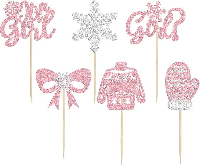 24Pcs Snowflake It's a Girl Cupcake Toppers Glitter Gloves Sweater Winter Frozen Cupcake Picks Wonderland Girls Birthday Baby Shower Cake Decorations Party Supplies Pink
