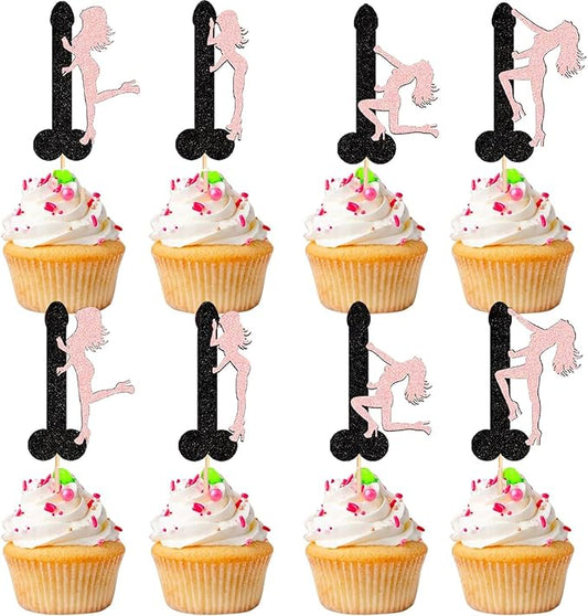 ZitTRo 28 Pcs Pole Dancing Girl Cupcake Toppers, Black-pink Glitter Pole Bachelorette Cupcake Picks, Pole Dancers Cupcake Decorations for Night Out Hen Movie Party，Valentine's Day