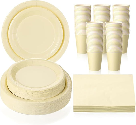 Tioncy 200 Pcs Disposable Paper Plates Cups and Napkins Christmas Party Supplies Serve 50 Guests Disposable Paper Dinnerware Set for Birthday Wedding Baby Shower Family Picnic(Yellow)