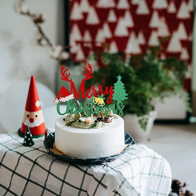 1Pcs Merry Christmas Cake Topper Glitter Xmas Tree Santa Hat Reindeer Christmas Cake Decoration for New Years Eve Xmas Holiday Birthday Party Supplies