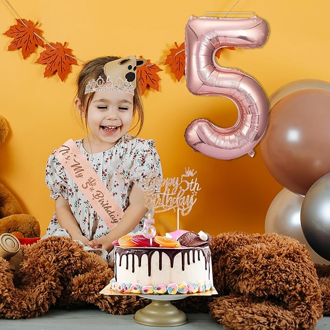 5th Birthday Decorations Girl, Including 5 year old Birthday Cake Topper, Queen Sash with Pearl Pin, Sweet Rhinestone Tiara Crown, Number Candles and Balloons Set, Rose Gold