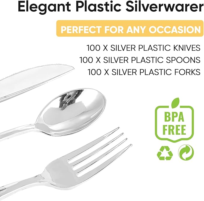 FOCUSLINE 300 Pack Silver Plastic Cutlery Set - 100 Forks, 100 Knives, 100 Spoons - Disposable Flatware Heavy Duty Plastic Silverware Set for Catering, Parties, Dinners, Weddings