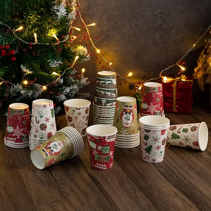 JOYIN 48 PACK Christmas Cups Disposable, 9 oz Paper Cups Holiday Winter Style Designs for Hot Chocolate Coffee & Tea, Xmas Party Drinkware, Party Supplies