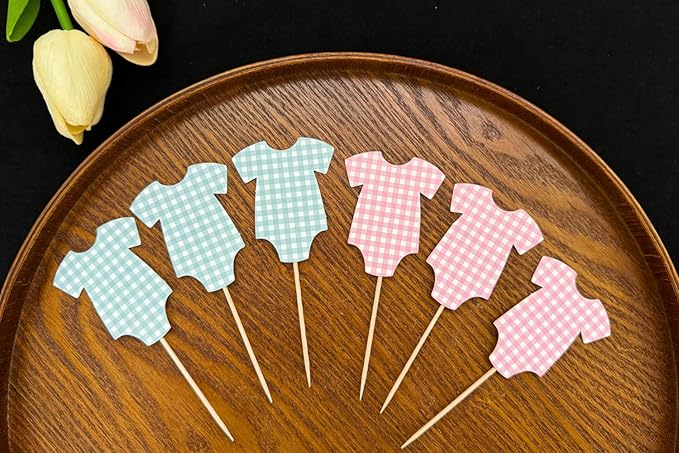 ALISSAR 36 Pcs Blue & Pink Gingham Cupcake Toppers - Gender Reveal Decorations, Baby Shower Cake Topper for Boys & Girls, Diaper Cake Decor, Gender Reveal Party Supplies