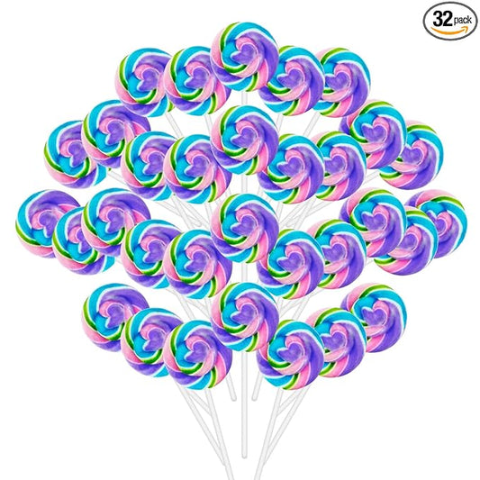 32 Pack Rainbow Swirl Blueberry Lollipops - Mermaid Lollipop Candies Individually Wrapped Bulk for Birthday Party Candies, Girls Baby Shower Unicorn Candy Lollipops Suckers