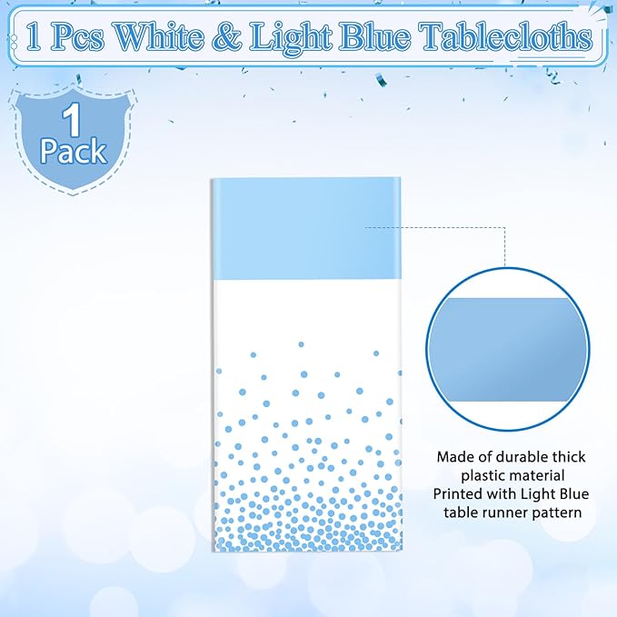 MASHAN 1Pcs White Light Blue Tablecloth Party Decorations,Plastic White Table Cloth Printed Baby Blue Table Runner Disposable Rectangle Cover for Birthday Baby Shower Wedding Party,54 x108 Inch