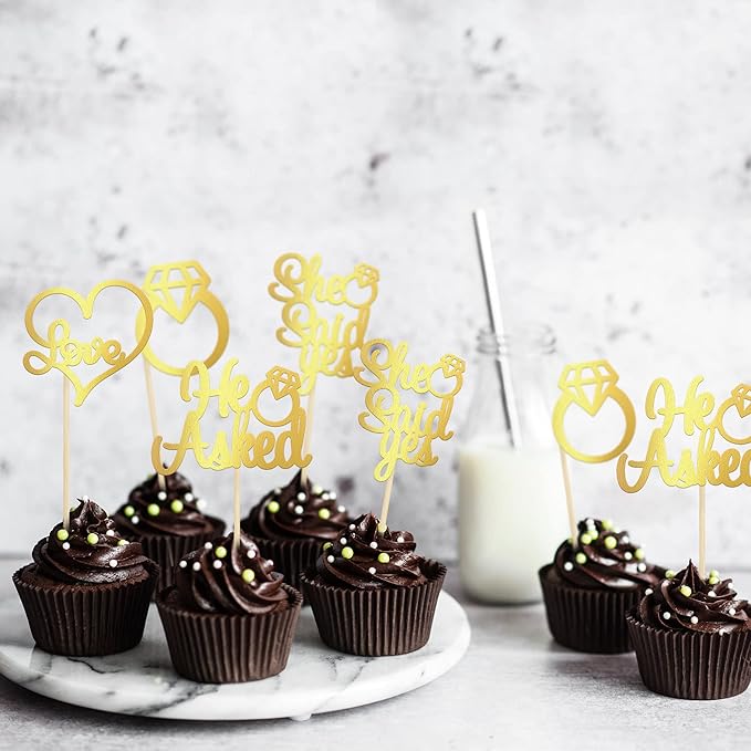 Gyufise 24 Pack Light Gold Glitter He Asked She Said Yes Cupcake Toppers Diamond Ring Heart Love Cake Picks for Wedding Engagement Party Cake Decorations