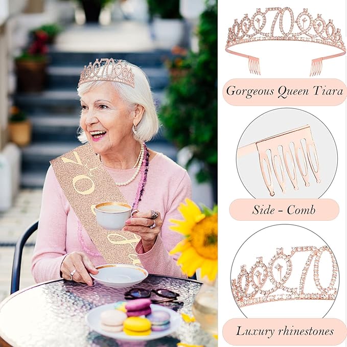 70th Birthday Gifts Decorations for Women, Including 70th Cake Toppers, Birthday Queen Sash with Pearl Pin, Sweet Rhinestone Tiara Crown, Number Candles and Balloons Set, Rose Gold
