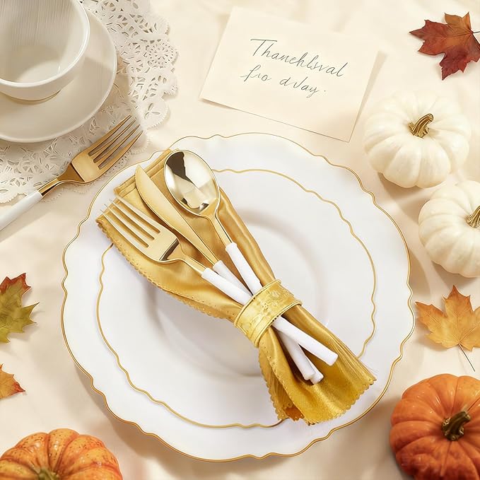 WDF 180Pieces Gold Plastic Silverware-Gold Plastic Cutlery with White Handle-Heavyweight Disposable Flatware-Include 60Forks, 60 Spoons, 60 Knives For Thanksgiving