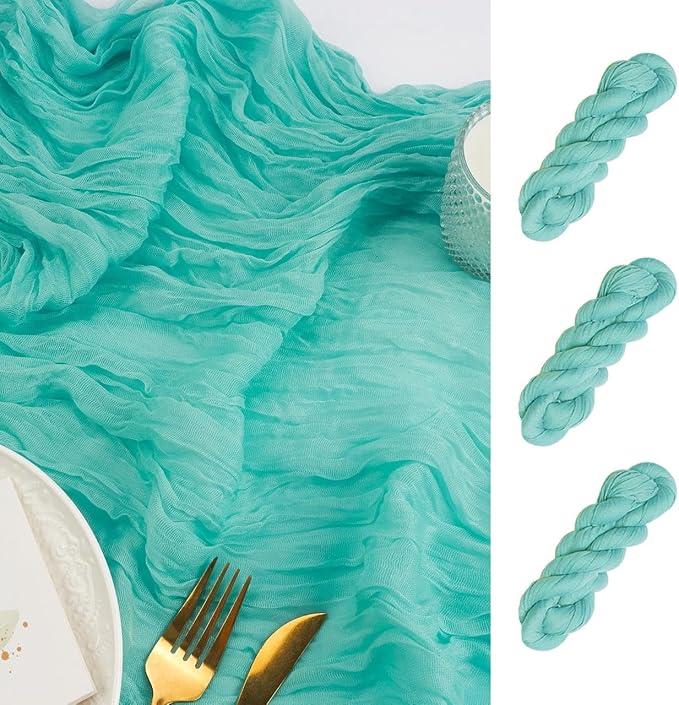 FEXIA 3 Pack Sky Blue Table Runner 35x120 Inches for Baby Shower Decoration Gauze Rustic Table Runner for Wedding Party First Communion Centerpiece Engagement Bridal Shower Boho Decoration