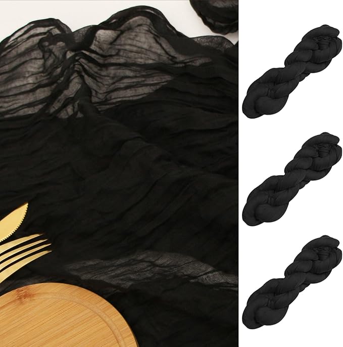 FEXIA 3 Pack Black Table Runner 35x120 Inches for Gothic Baby Shower Decoration Gauze Rustic Table Runner for Wedding Party First Communion Centerpiece Engagement Bridal Shower Boho Decor