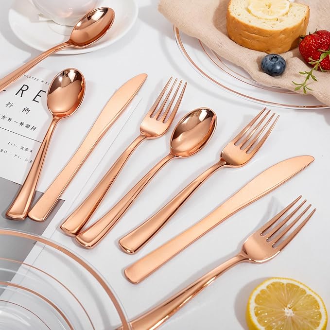bUCLA 600PCS Rose Gold Plastic Silverware Set - Disposable Rose Gold Plastic Cutlery Include 200 Knives, 200 Forks, 200 Spoons for Party, Wedding & Mother’s Day