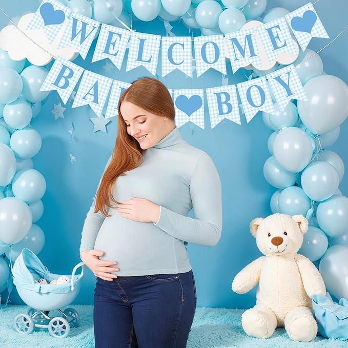 1 Pcs Blue Gingham Welcome Baby Boy Banner for Baby Shower Party Decorations Pre Strung Gender Reveal Paper Banner for Table, Wall, Mantel Display Party Decor Supplies