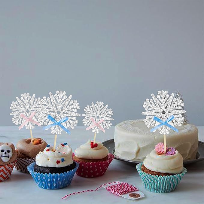 24Pcs Snowflake Cupcake Toppers Glitter Snowflake Cupcake Picks Frozen Pink Blue Bow Snowflake Gender Reveal Cake Decors Baby Shower Gender Reveal Winter Theme Christmas Party Cake Decor Supplies
