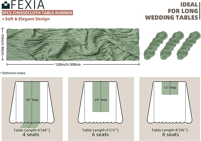 FEXIA 3 Pack Sage Green Table Runner 35x120 Inches for Baby Shower Decoration Gauze Rustic Table Runner for Wedding Party First Communion Centerpiece Engagement Bridal Shower Boho Decoration