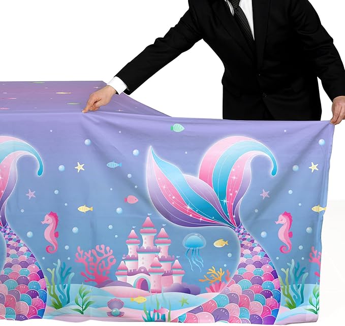 Gatherfun Mermaid Party Supplies Set: Mermaid Birthday Decorations, Includes 2-Pack Mermaid-Themed Tablecloths for Kids & Girls 1st Birthday, Mermaid Party Decorations Table Covers 54 x 108 Inch