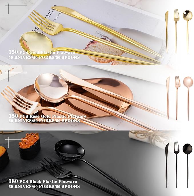 180PCS Black Plastic Silverware,Heavy Duty Disposable Utensils Include 60 Forks,60 Spoons and 60 Knives,Black Cutlery Plastic Silverware Sets for Party, Birthday,Wedding