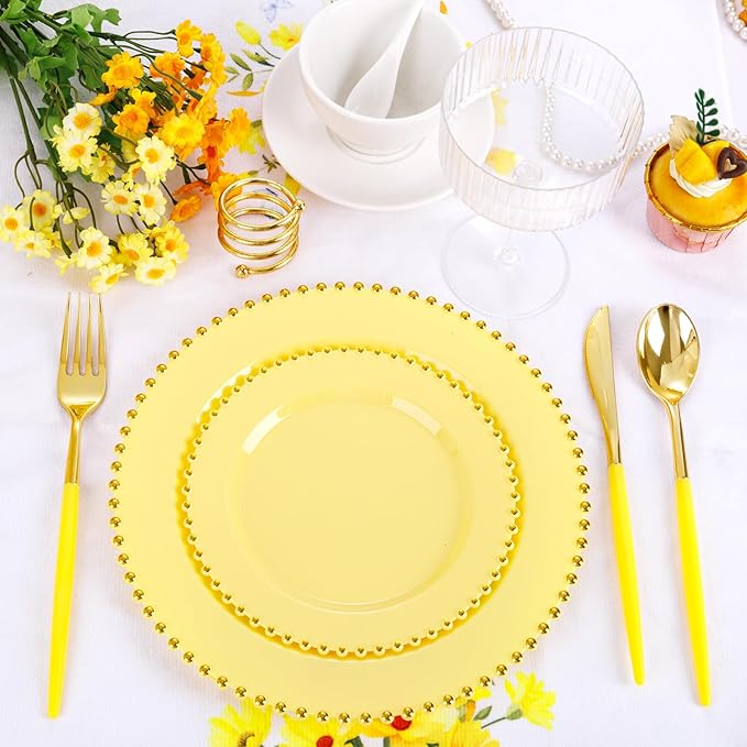 Supernal 102Pcs Gold Plastic Silverware, Gold Disposable Utensils with Yellow Handle, Yellow Plastic Silverware Heavy Duty Include 34 Forks, 34 Knives and 34 Spoons Perfect for Party, Mother's Day
