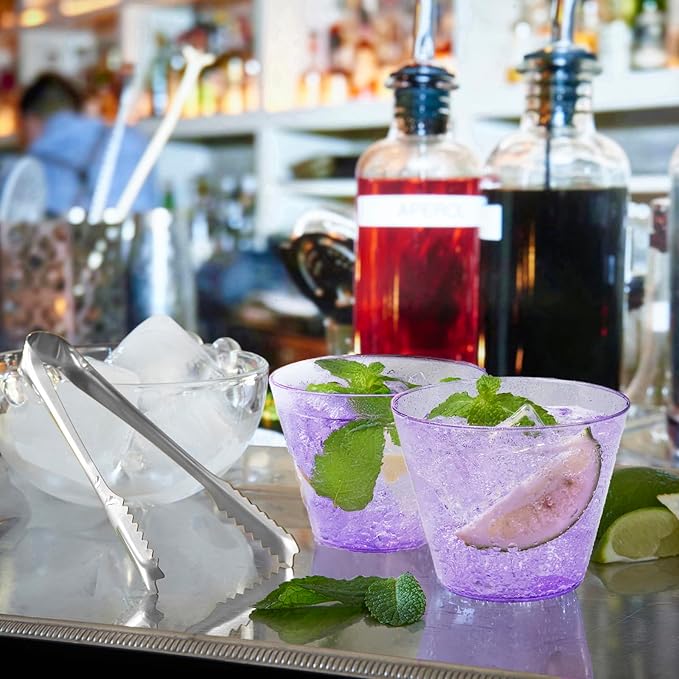 100 Purple Glitter Plastic Cups and 1 Silver Ice Tong Set - 9 Ounce Disposable Cocktail Glasses - Plastic Wine Cups - Purple Party Decorations - Purple Party Supplies