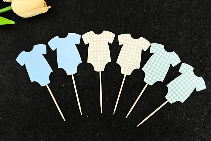 ALISSAR 36 Pcs Blue Gingham Cupcake Toppers - Baby Shower Decorations for Boys, Bodysuit & Cupcake Toppers, Diaper Cake Decor, Gender Reveal Party Supplies