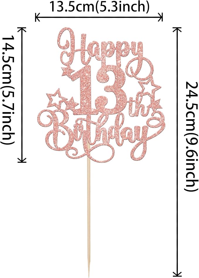1 PCS Happy 13th Birthday Cake Topper Glitter Cheers to 13 Years Birthday Cake Pick Hello 13 Fabulous Cake Decoration for Happy 13th Birthday Anniversary Party Decorations Supplies Rose Gold