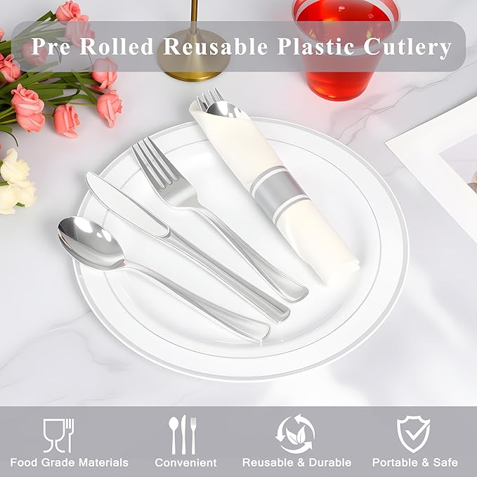 100 Pack Pre Rolled Silver Plastic Silverware Set,Wrapped Plastic Cutlery Set with Napkin Include 100 Forks,100 Spoons,100 Knives and 100 White Napkins for Party, Wedding,showers,Christmas