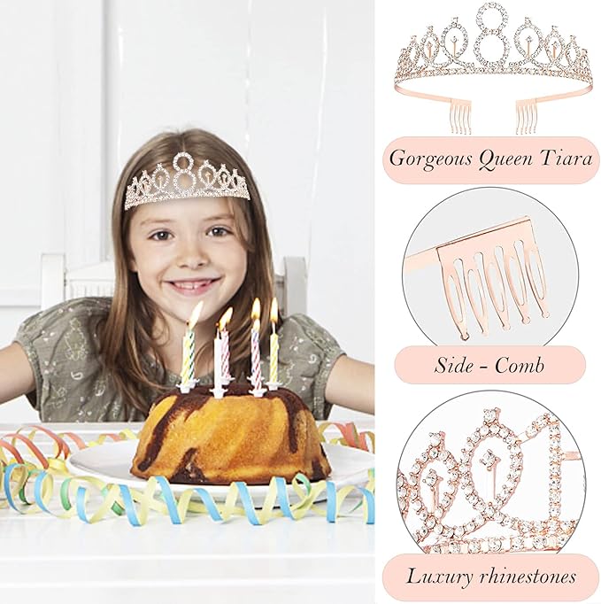 8th Birthday Decorations for Girls, Including 8 year old Birthday Cake Topper, Queen Sash with Pearl Pin, Sweet Rhinestone Tiara Crown, Number Candles and Balloons Set, Rose Gold