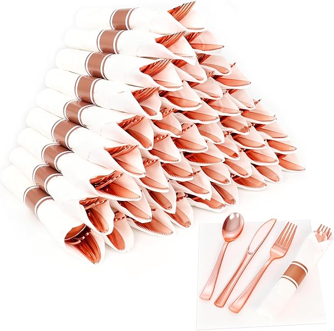 50 Pack Pre Rolled Rose Gold Plastic Silverware Set,Wrapped Plastic Cutlery Set with Napkin Include 50 Forks,50 Spoons,50 Knives and 50 White Napkins for Party,Wedding