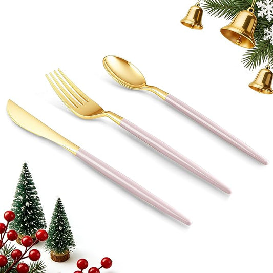 150 PCS Pink Gold Plastic Utensils for 50 Guests, Gold Disposable Silverware with 50 Knives, 50 Spoons and 50 Forks, BPA Free, Ideal for Weddings, Birthdays & Graduation