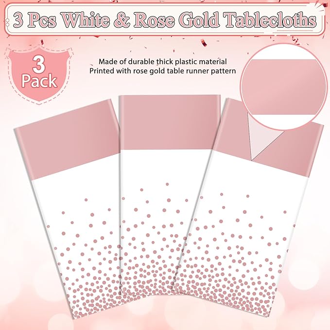 3Pcs White and Rose Gold Tablecloth Party Decorations,Plastic White Table Cloth Printed Rose Gold Table Runner Disposable Rectangle Cover for Birthday Anniversary Wedding Grad Party,54 x108 Inch