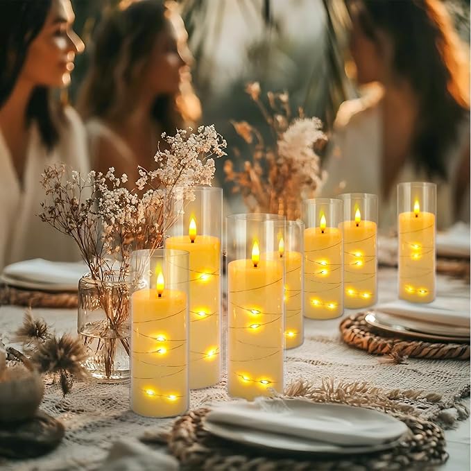 24 Pack Acrylic Flameless Candles,with Embedded Star String, Battery Operated Candles Flickering LED Pillar Candles with Remote Control and Timer, Ideal for Indoor/Outdoor Decor,Wedding,BBQ and Gift.