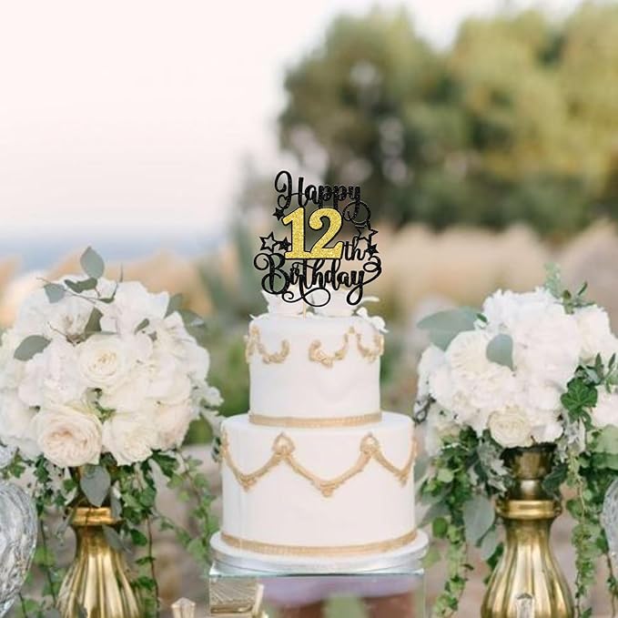 1 PCS Happy 12th Birthday Cake Topper Black Gold Glitter Cheers to 12 Years Birthday Cake Pick Hello 12 Fabulous Cake Decoration for Happy 12th Birthday Anniversary Party Decorations Supplies