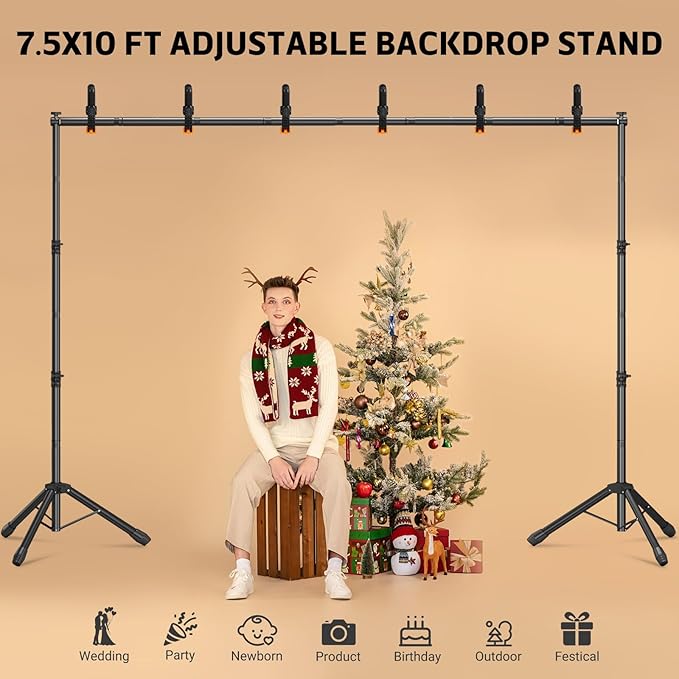 3-in-1 Backdrop Stand Kit 10x7.5 ft for Photography Studio, T-Shape Backdrop Stand for Wedding Parties, Background Stand for Photo Video Studio with Carring Bag, 6 Clamps, 2 Sandbags
