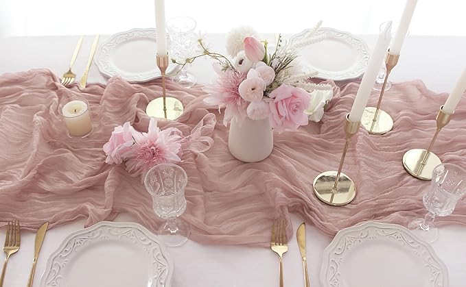 FEXIA 6 Pack Table Runner Dusty Pink Cheesecloth 35x120 Inches Boho Gauze Spring Easter Table Runner for Wedding Decor Reception Bridal Shower Centerpiece Engagement