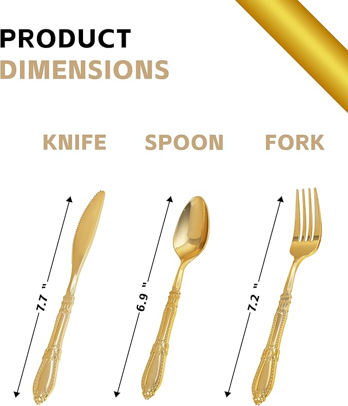 Nervure 90PCS Gold Plastic Silverware - Heavy Duty Disposable Cutlery Set, Luxury Gold Plastic Utensils include 30Pcs Forks, 30Pcs Spoons, 30pcs Knives. Perfect for Wedding,Party,Daily Use