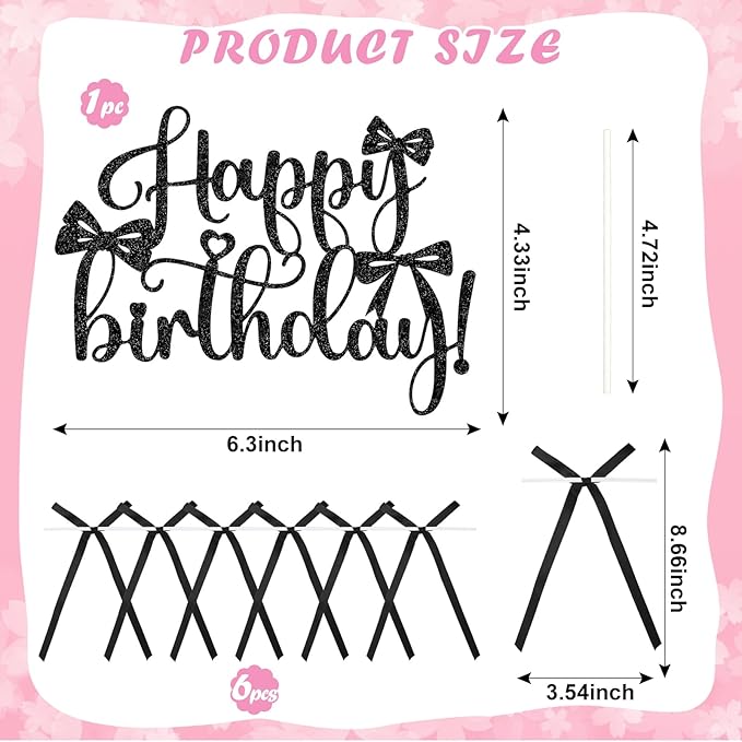 6 PCS Bow Cake Toppers Happy Birthday Cupcake Toppers Black Bows for Cake Coquette Birthday Decorations Party Decor Balloons High Footed Cup Wedding Party Supplies Baby Shower