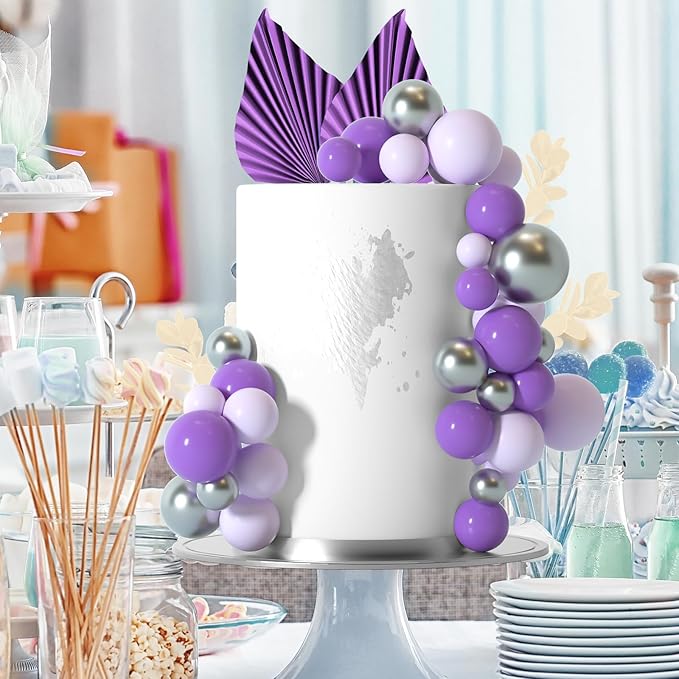 NEBURORA 64 Pcs Balls Cake Toppers and Leaves Decoration Set Mini Balloons for Cake Decorating Supplies Balls Cake decorations for Baby Shower Cake Toppers Birthday Cake Decoration(Purple Silver)
