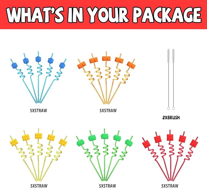 25 Building Blocks Party Favors Brick Block Drinking Straws for Building Blocks Birthday Party Supplies with 2 PCS Straws Cleaning Brush