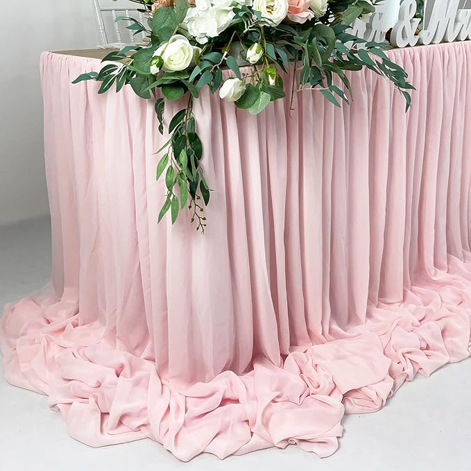 EHLDekol Pooling and Floating Chiffon Table Skirt, 6FT 9FT 14FT Sheer Tablecloth, Baby Shower, Birthdays, Wedding Table Skirt (Blush Pink, 9FT)