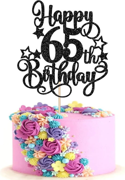 1 PCS Happy 65th Birthday Cake Topper Glitter Cheers to 65 Years Birthday Cake Pick Hello 65 Fabulous Cake Decoration for Happy 65th Birthday Anniversary Party Decorations Supplies Black