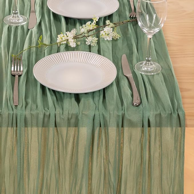 MLMC 3 Pack Sage Green Table Runner 10ft Rustic Boho Cheesecloth Table Runner Cheese Cloth Centerpiece Winter Decor 35x120 Inches for Wedding Bridal Baby Shower Decor