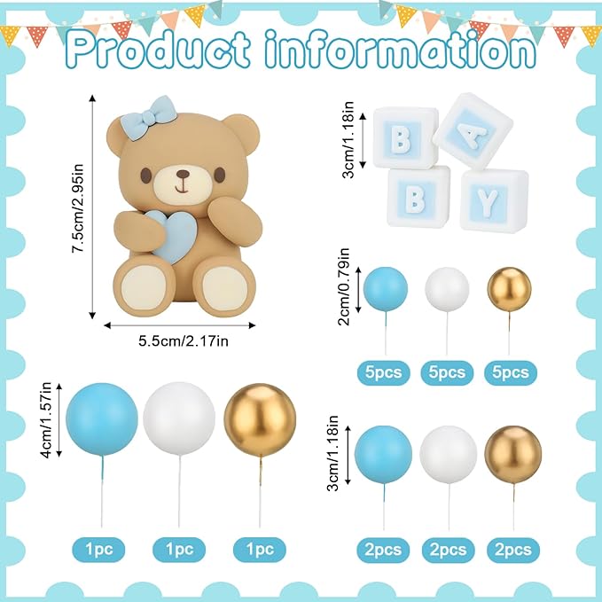 29 Pcs Ball Cake Toppers Bear Cake Decorations with Cute Bear Blue BABY Letter Blue Gold White Foam Balloon for Baby Shower Girl Boy (Blue, White, Gold)
