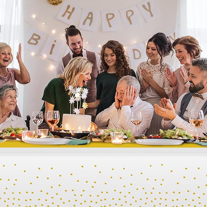 12Pcs White and Gold Tablecloth Party Decorations,Plastic White Table Cloth Printed Gold Table Runner Disposable Rectangle Tables Cover for Birthday Wedding Anniversary Graduation Party,54 x108 Inch