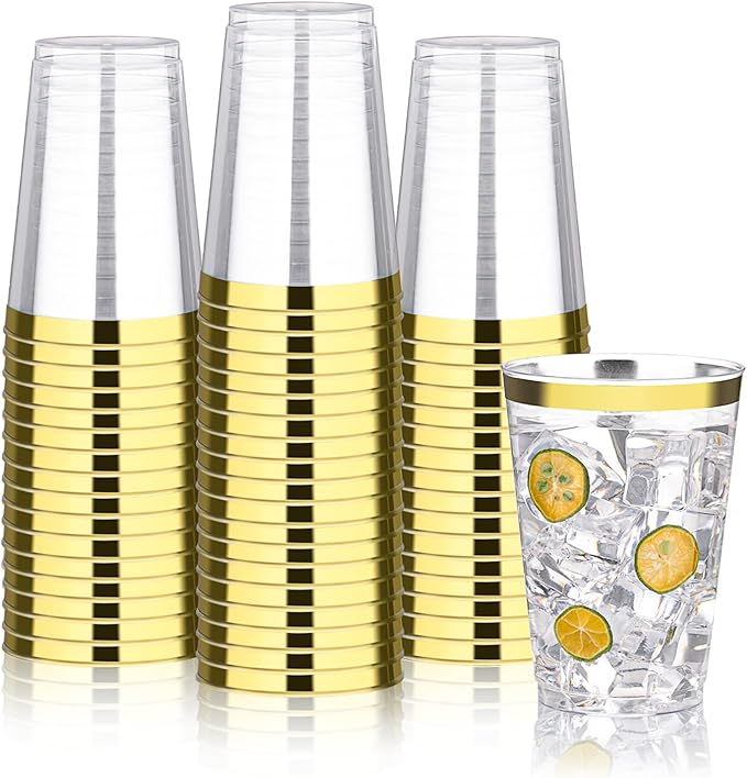 BESTVIP 12oz Gold Plastic Cups, 100 Pack Gold Rimmed Disposable Cups, Heavy-duty Party Cocktail Glasses, Plastic Cups for Party, Holiday, Christmas, Wedding and Birthday